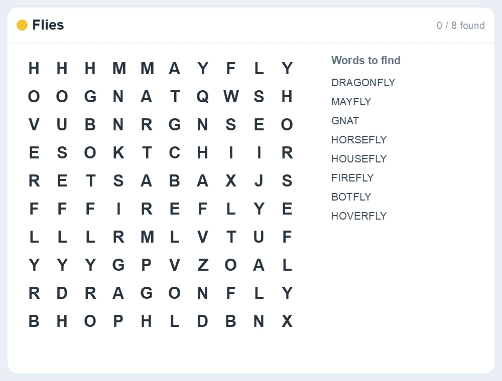 Preview of the Flies word search puzzle