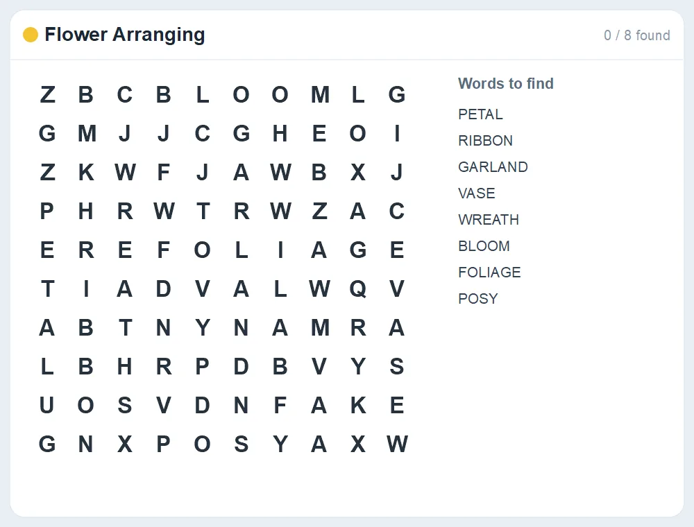 Preview of the Flower Arranging word search puzzle