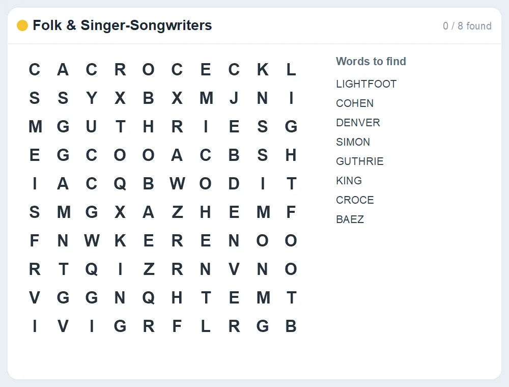 Preview of the Folk & Singer-Songwriters word search puzzle