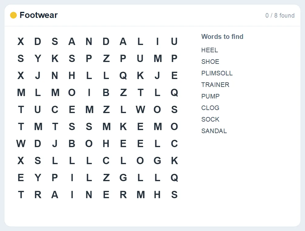 Preview of the Footwear word search puzzle