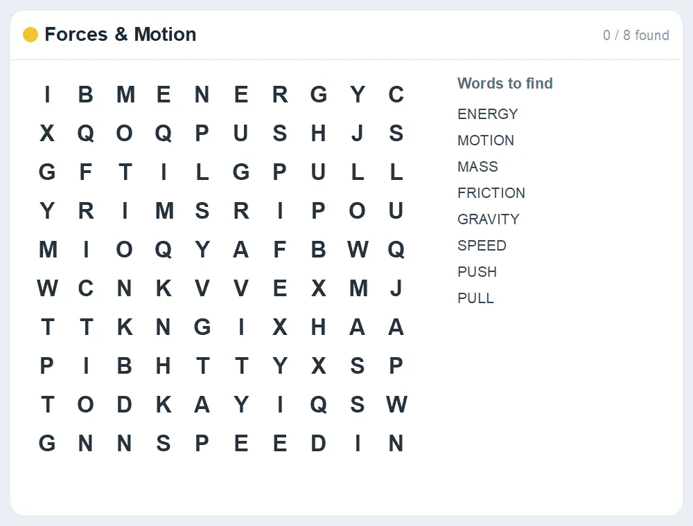 Preview of the Forces & Motion word search puzzle