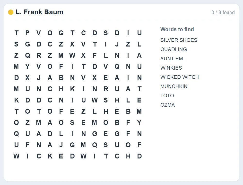 Preview of the L. Frank Baum word search puzzle