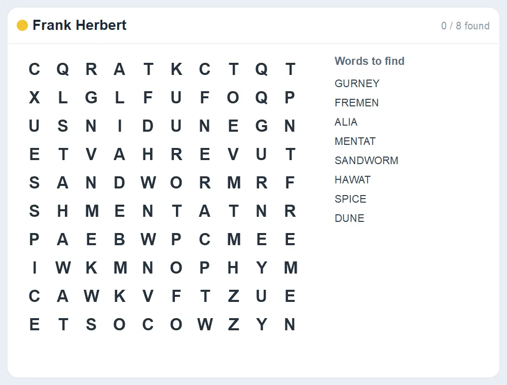 Preview of the Frank Herbert word search puzzle