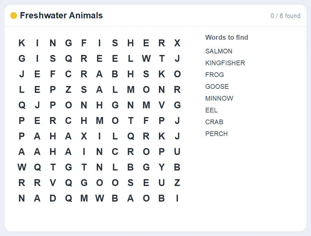 Preview of the Freshwater Animals word search puzzle