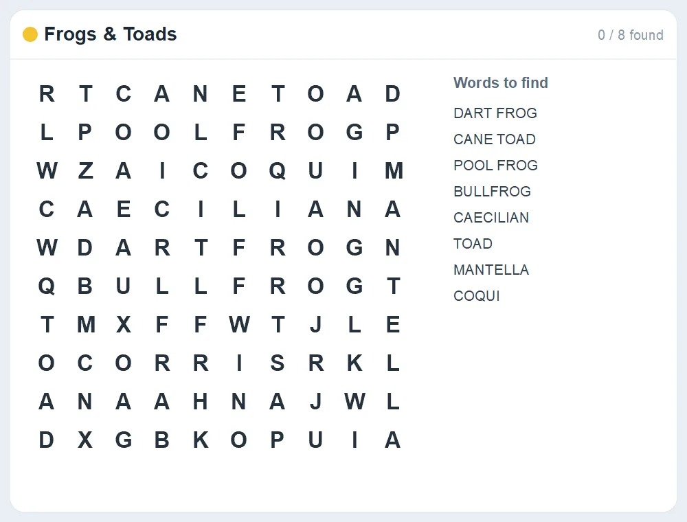 Preview of the Frogs & Toads word search puzzle