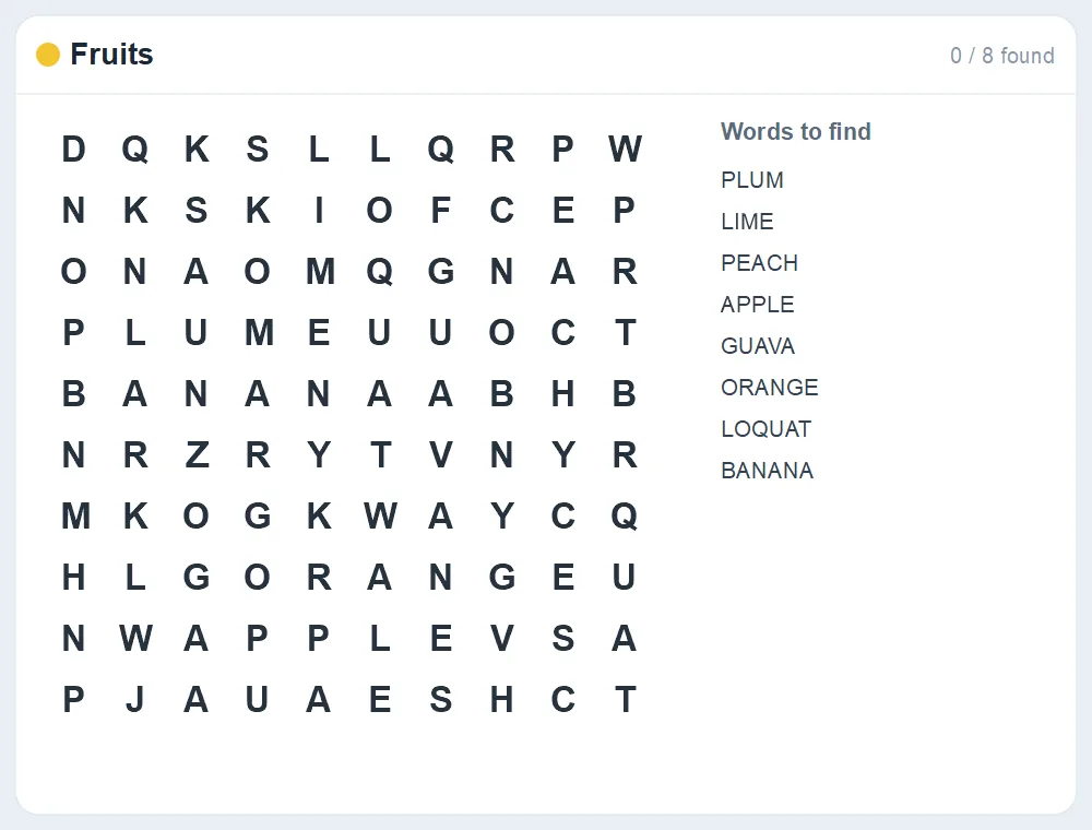 Preview of the Fruits word search puzzle