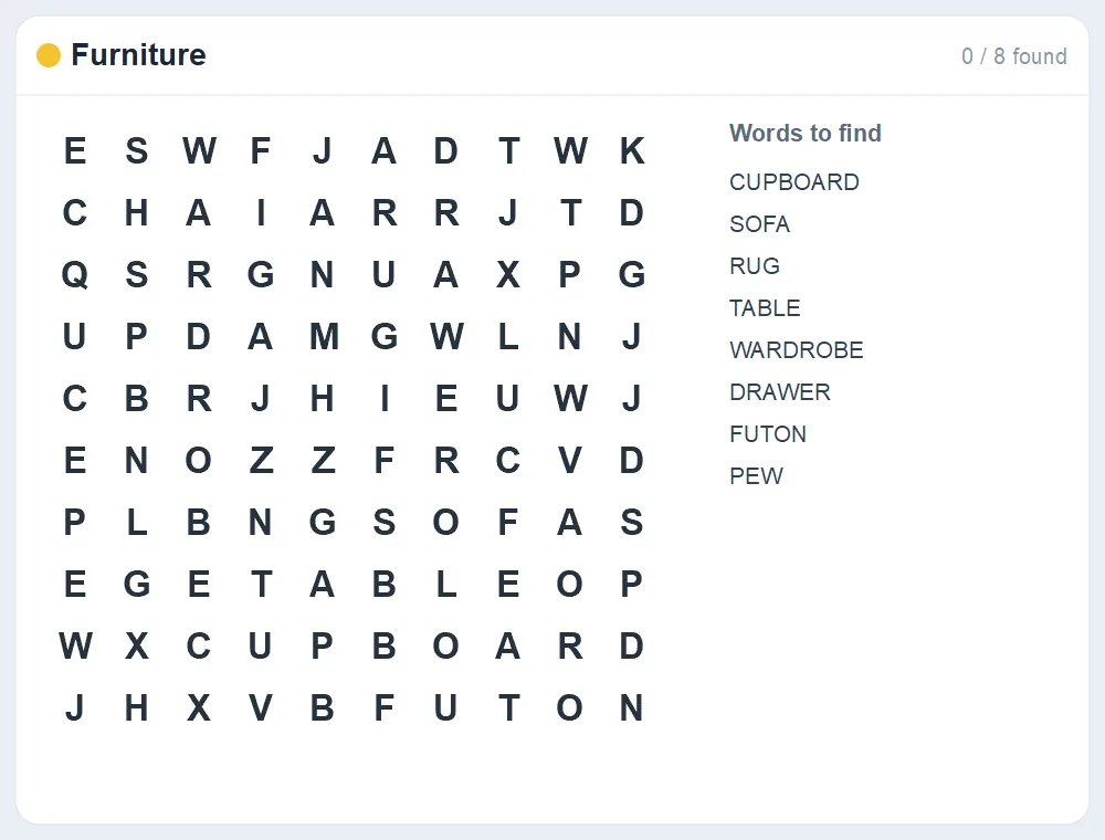 Preview of the Furniture word search puzzle