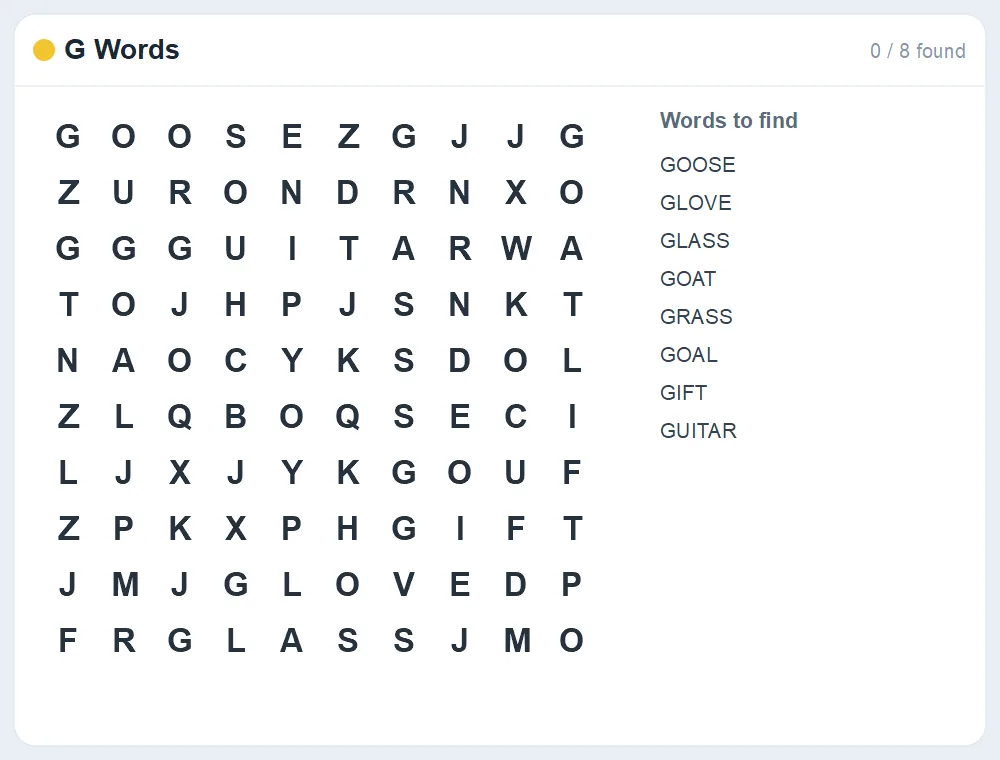 Preview of the G Words word search puzzle