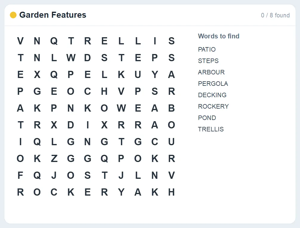 Preview of the Garden Features word search puzzle