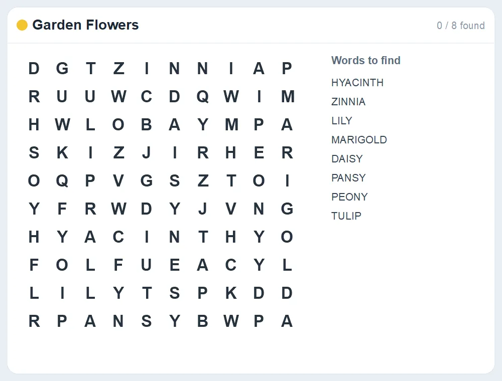 Preview of the Garden Flowers word search puzzle