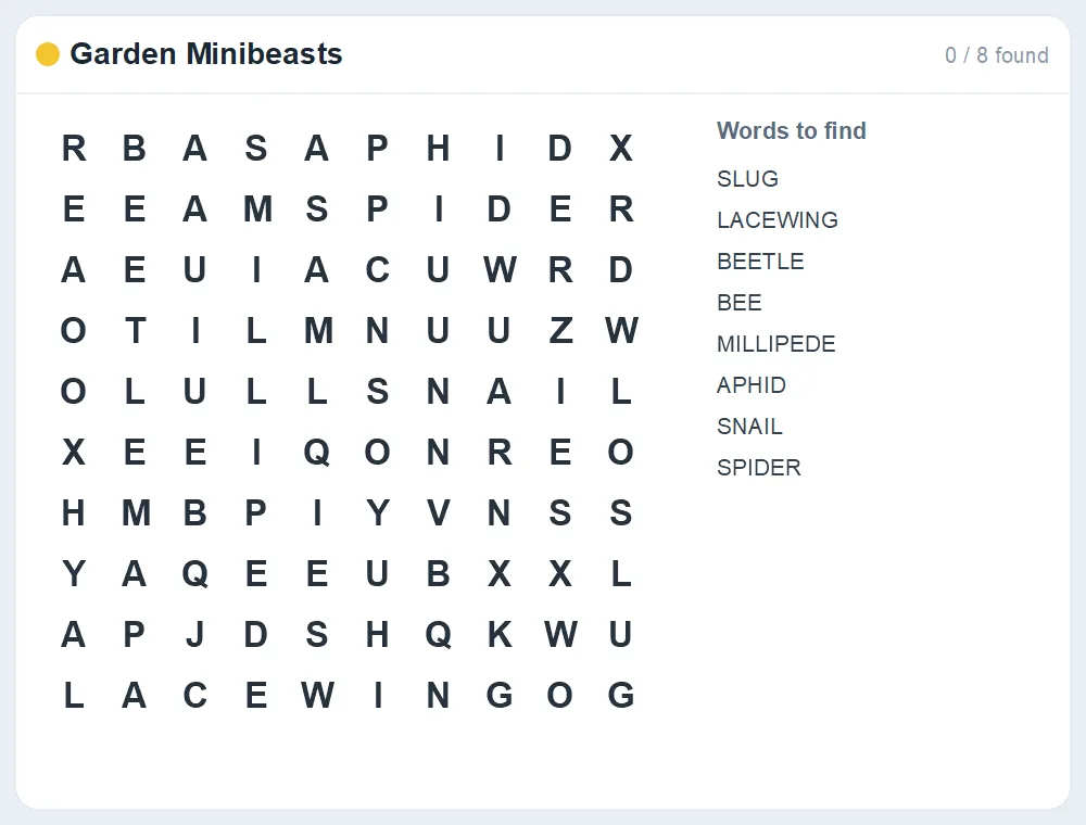Preview of the Garden Minibeasts word search puzzle