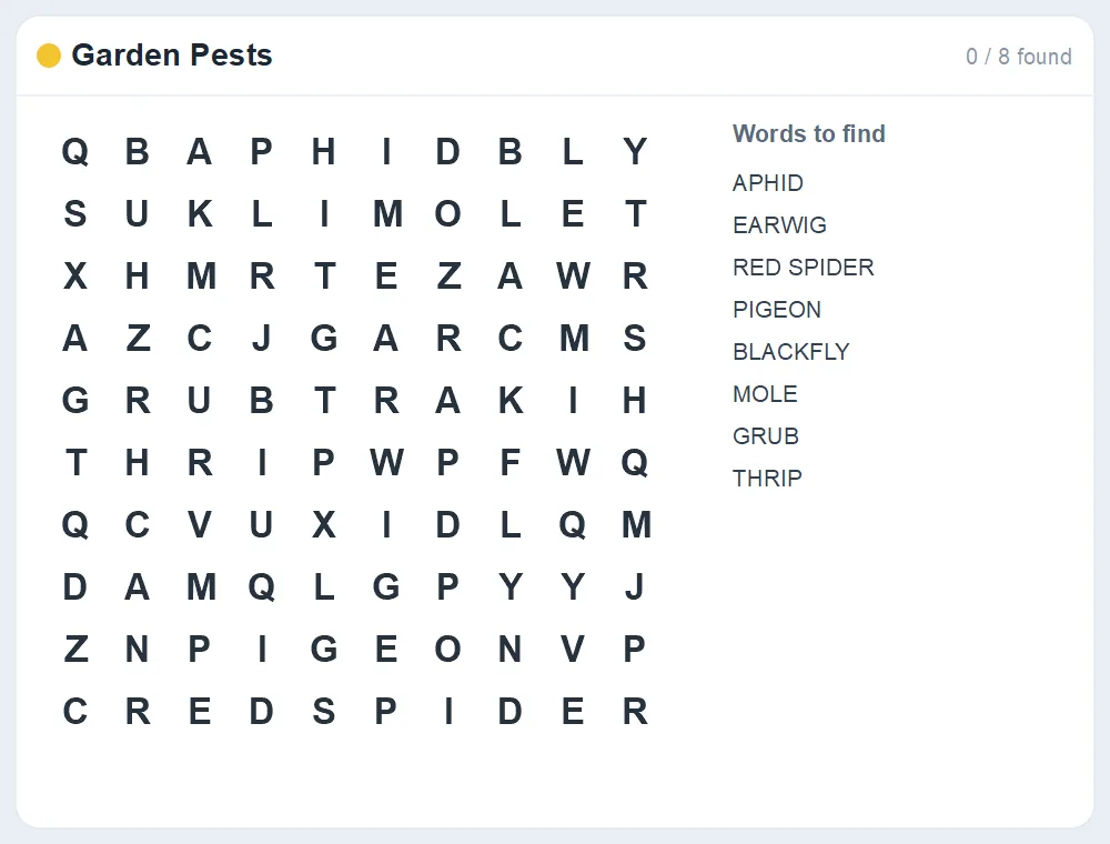 Preview of the Garden Pests word search puzzle