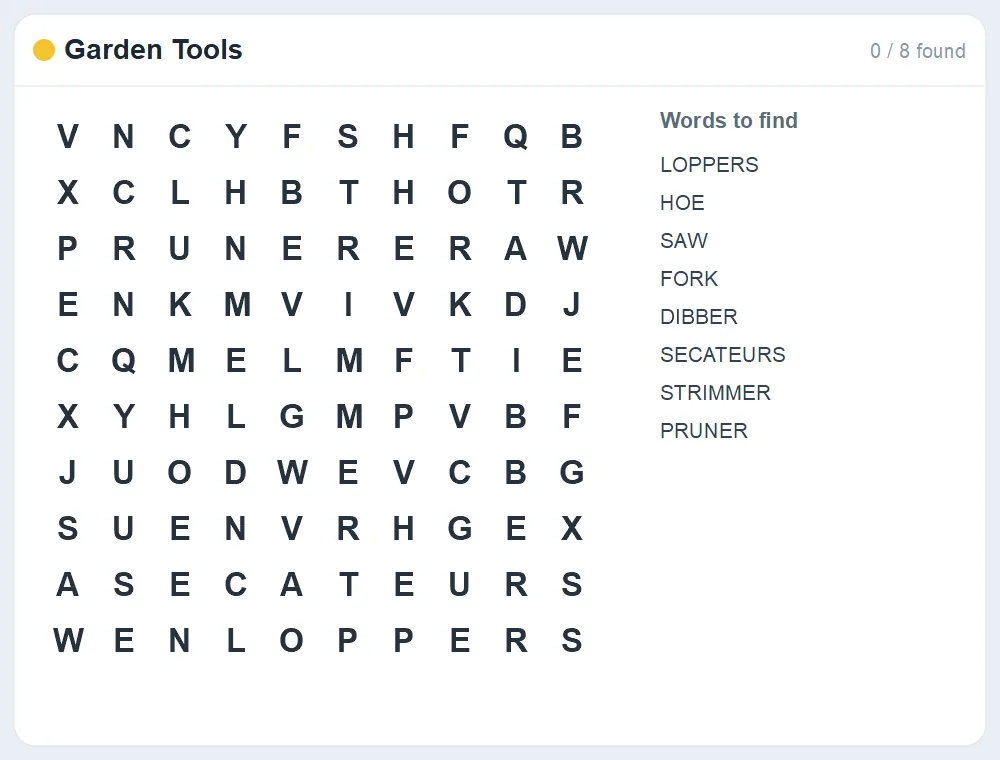 Preview of the Garden Tools word search puzzle