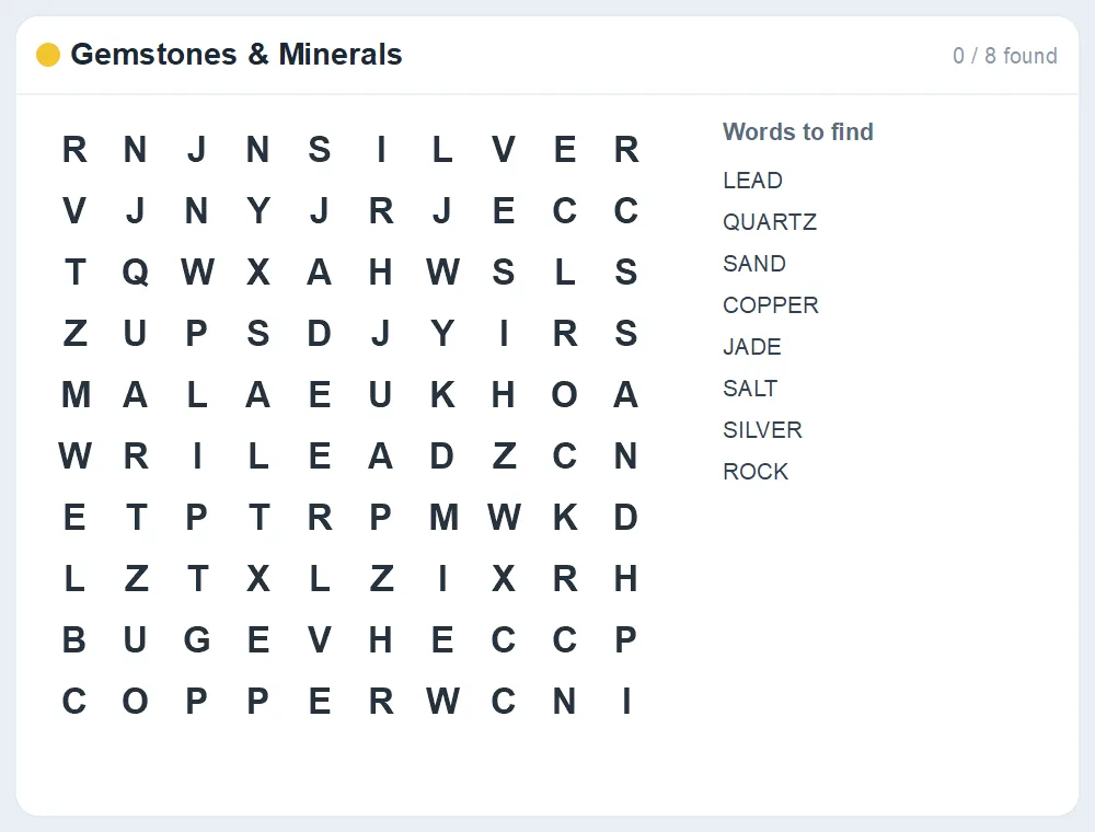 Preview of the Gemstones & Minerals word search puzzle