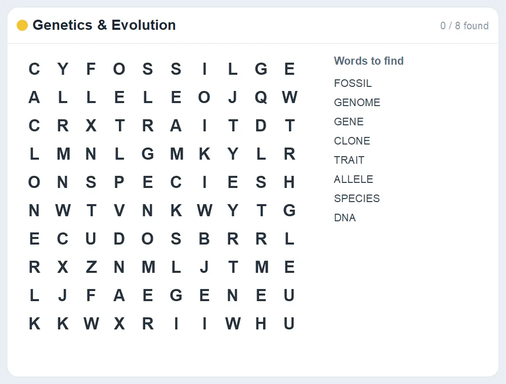 Preview of the Genetics & Evolution word search puzzle