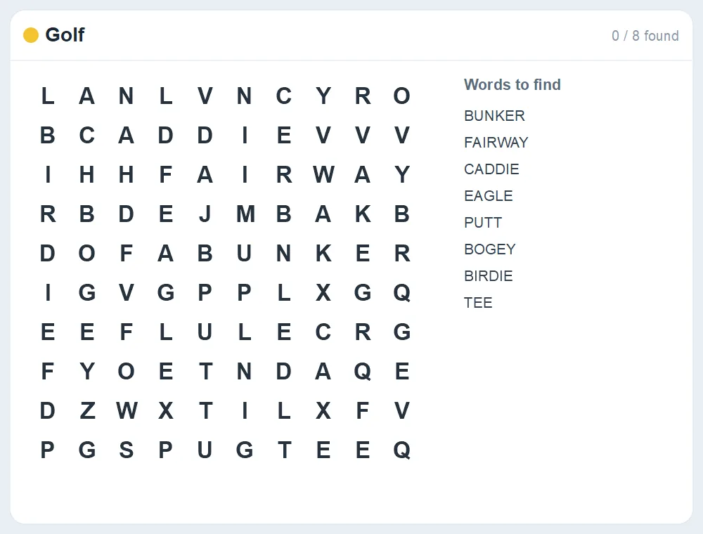 Preview of the Golf word search puzzle