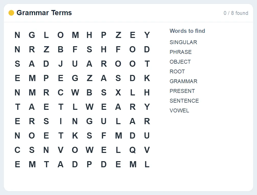 Preview of the Grammar Terms word search puzzle