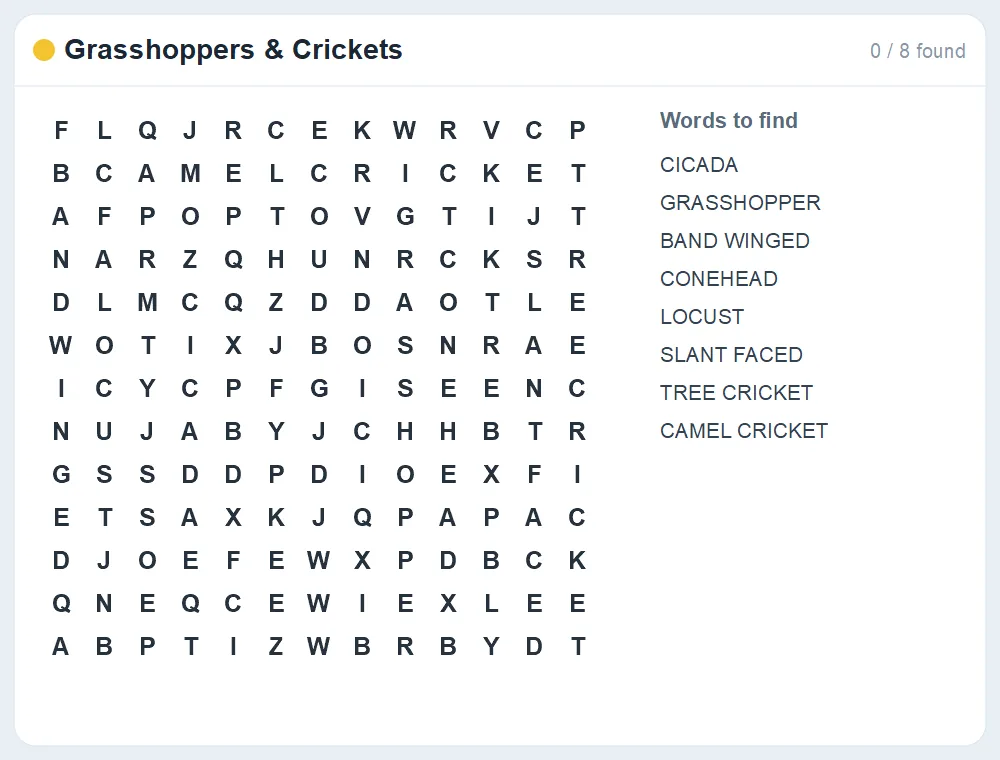 Preview of the Grasshoppers & Crickets word search puzzle
