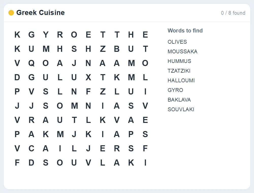 Preview of the Greek Cuisine word search puzzle