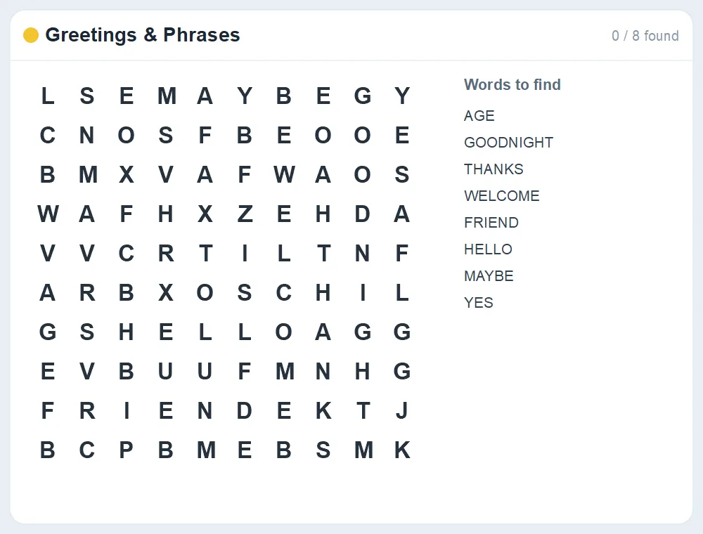 Preview of the Greetings & Phrases word search puzzle