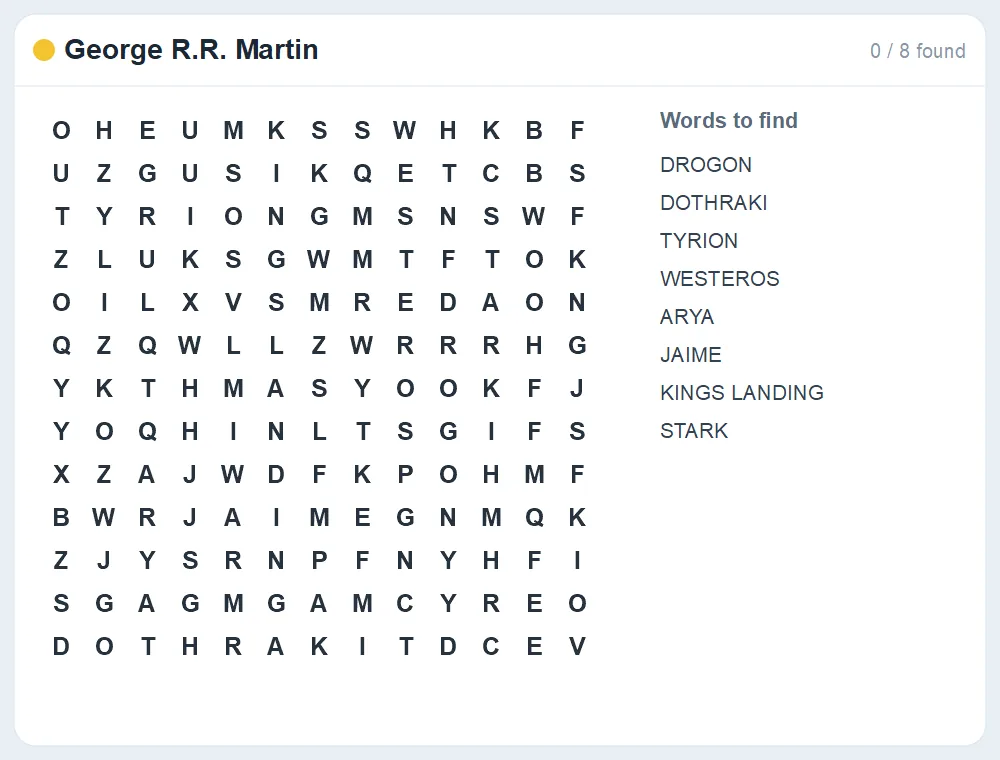Preview of the George R.R. Martin word search puzzle