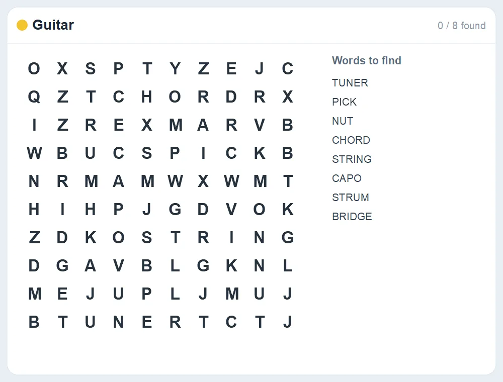 Preview of the Guitar word search puzzle