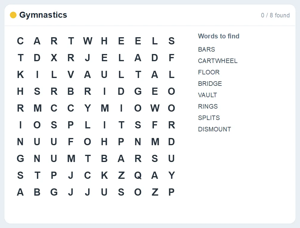 Preview of the Gymnastics word search puzzle
