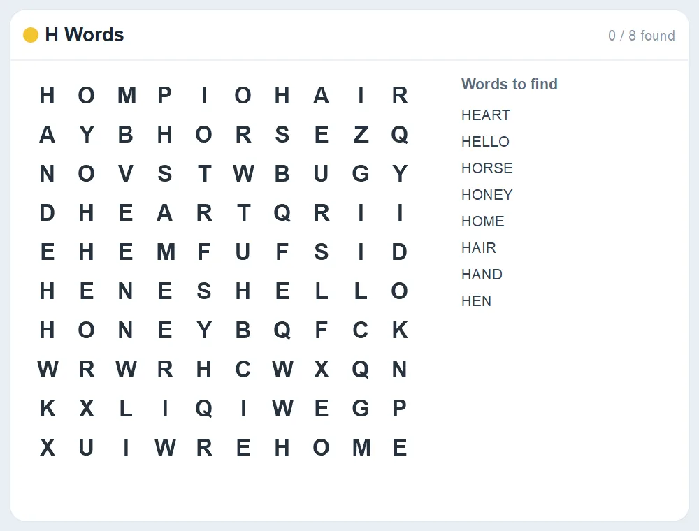 Preview of the H Words word search puzzle