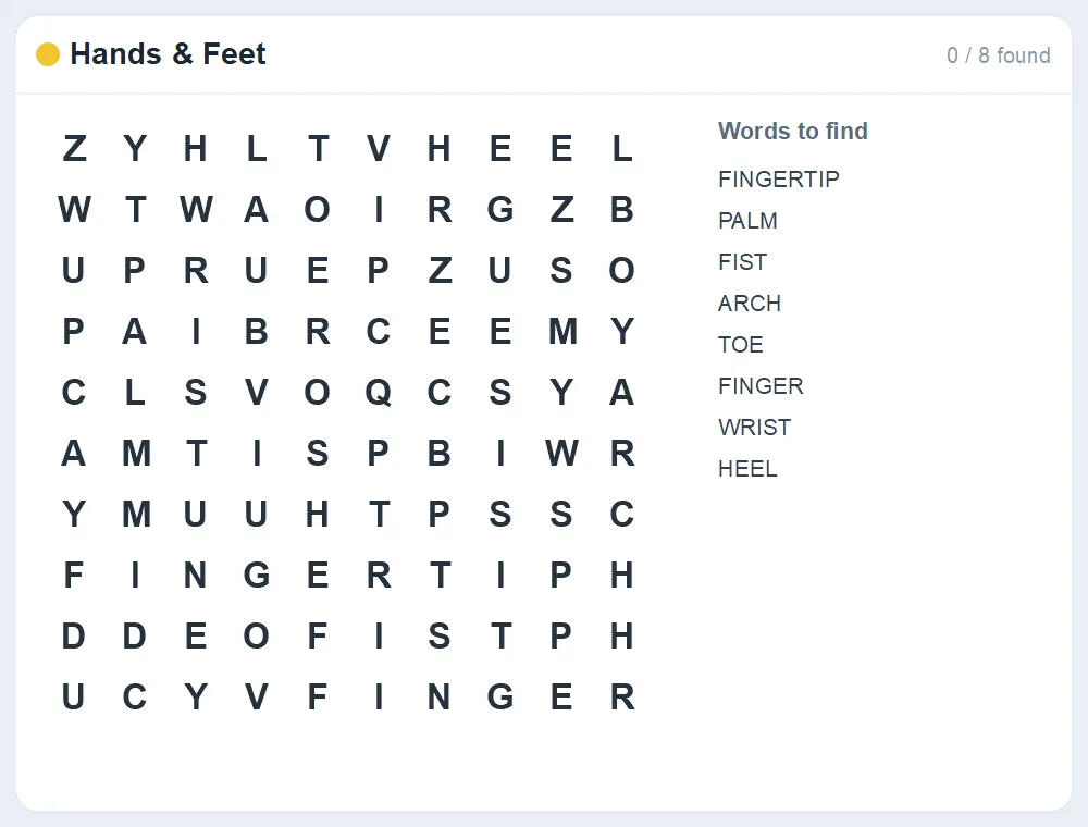 Preview of the Hands & Feet word search puzzle