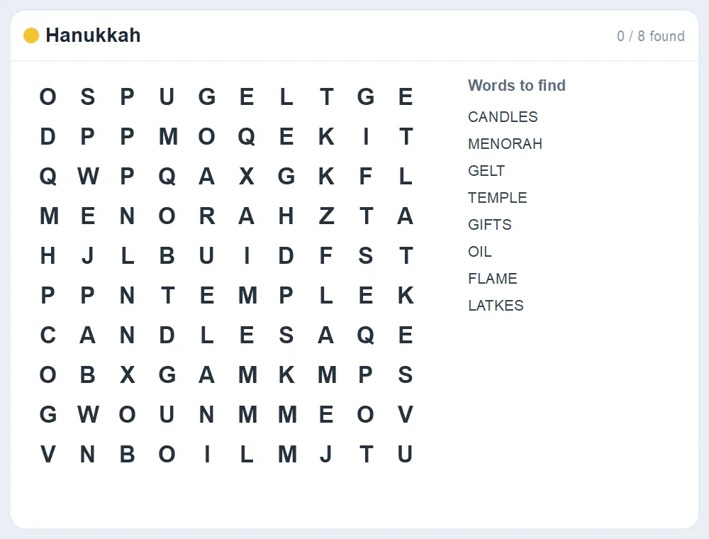 Preview of the Hanukkah word search puzzle