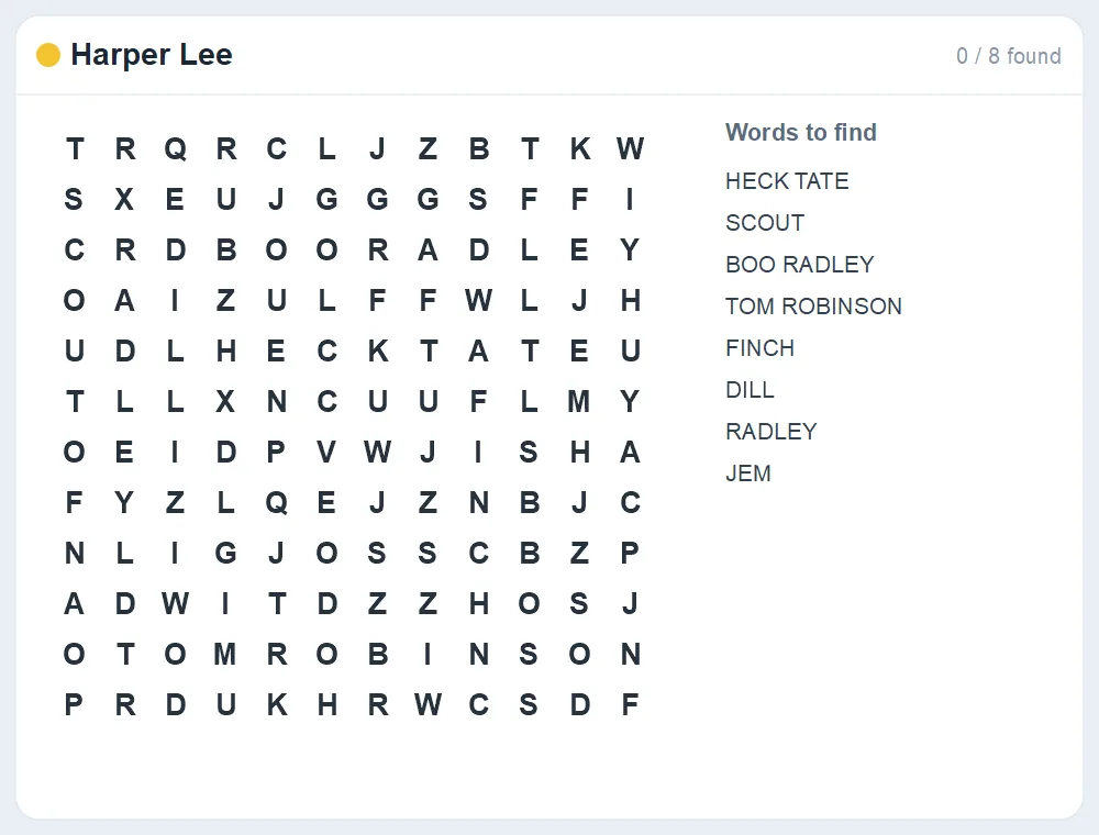Preview of the Harper Lee word search puzzle