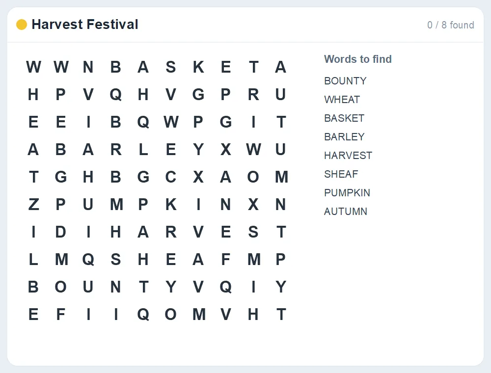 Preview of the Harvest Festival word search puzzle