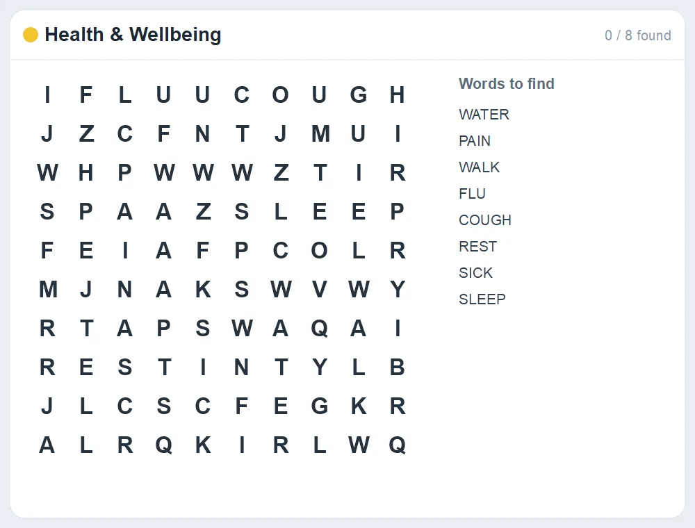 Preview of the Health & Wellbeing word search puzzle