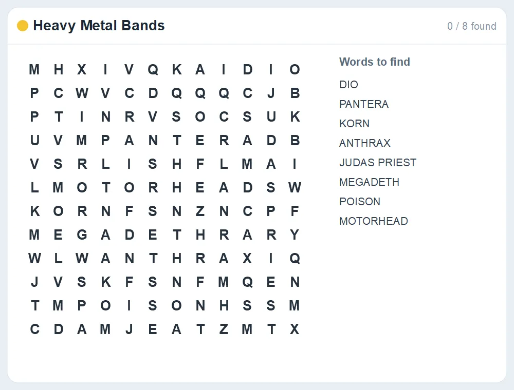 Preview of the Heavy Metal Bands word search puzzle
