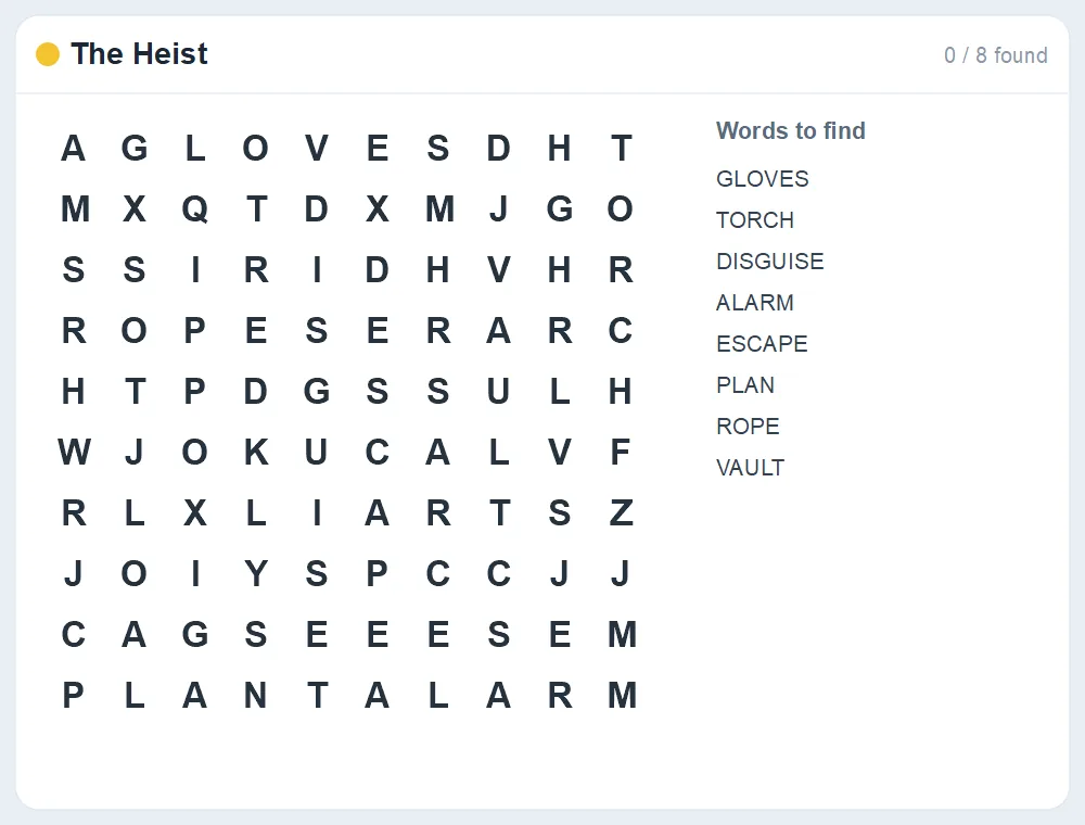 Preview of the The Heist word search puzzle