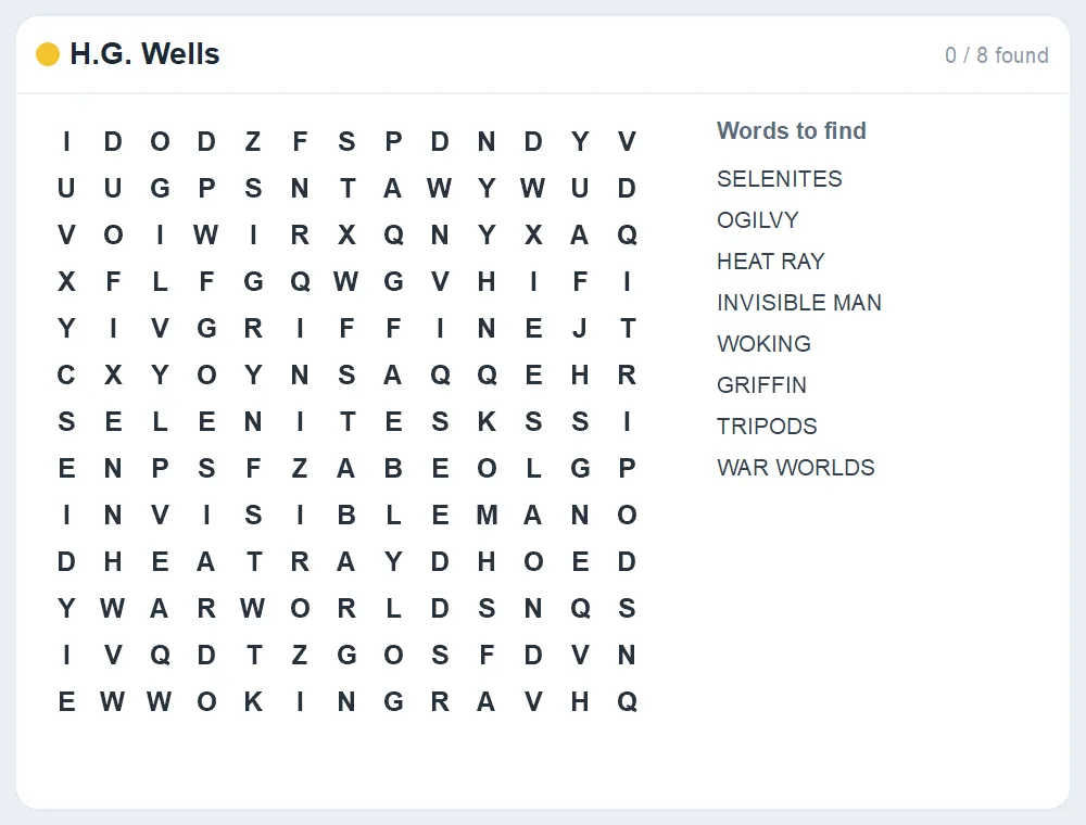 Preview of the H.G. Wells word search puzzle
