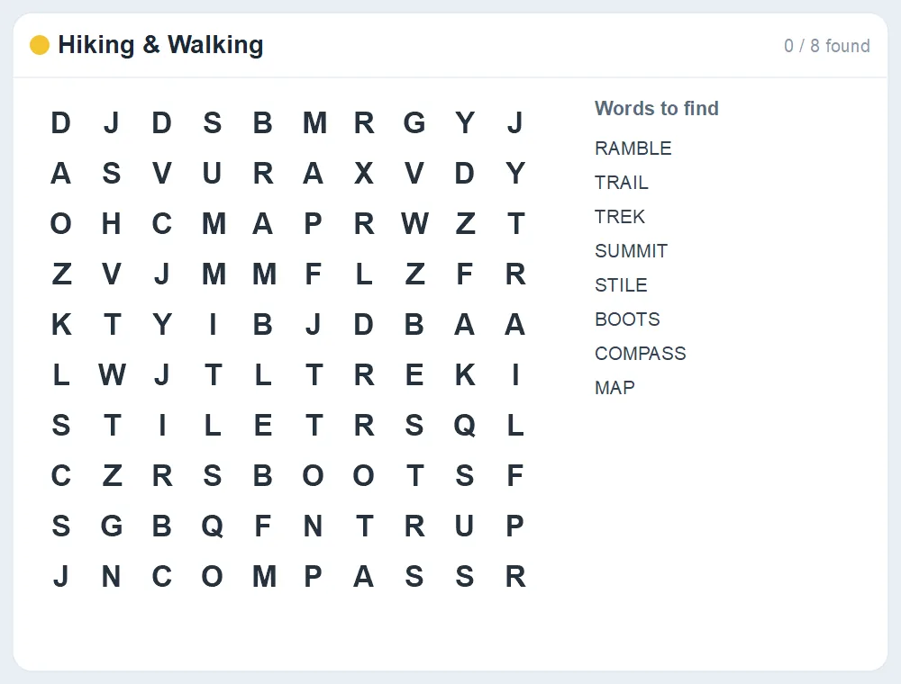 Preview of the Hiking & Walking word search puzzle