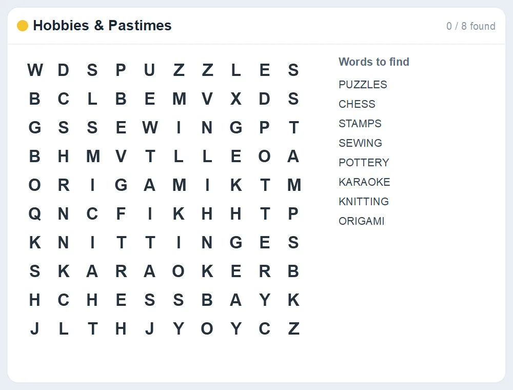 Preview of the Hobbies & Pastimes word search puzzle