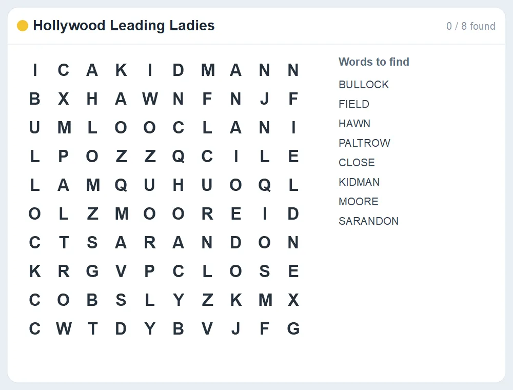 Preview of the Hollywood Leading Ladies word search puzzle