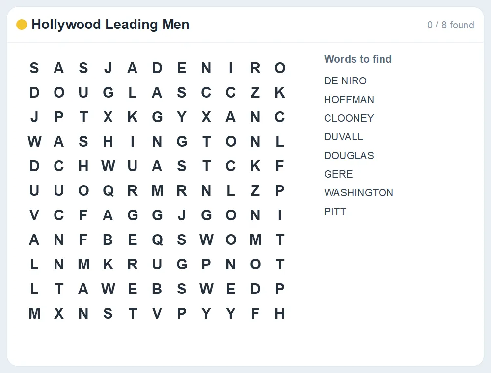 Preview of the Hollywood Leading Men word search puzzle