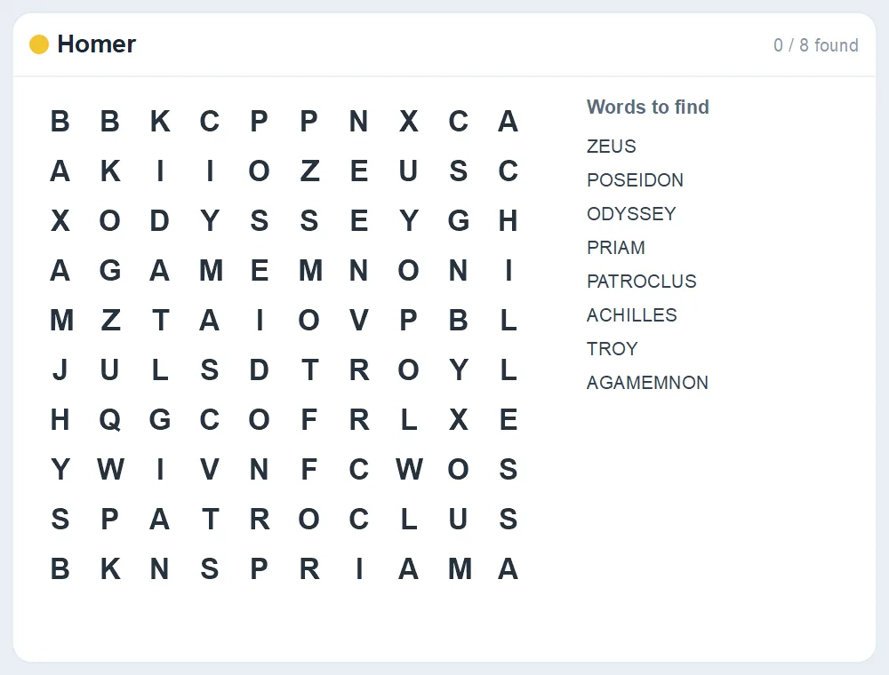 Preview of the Homer word search puzzle