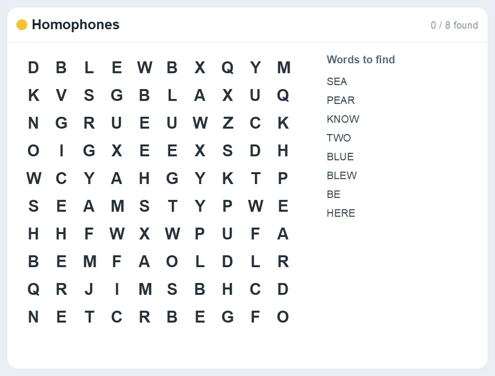 Preview of the Homophones word search puzzle