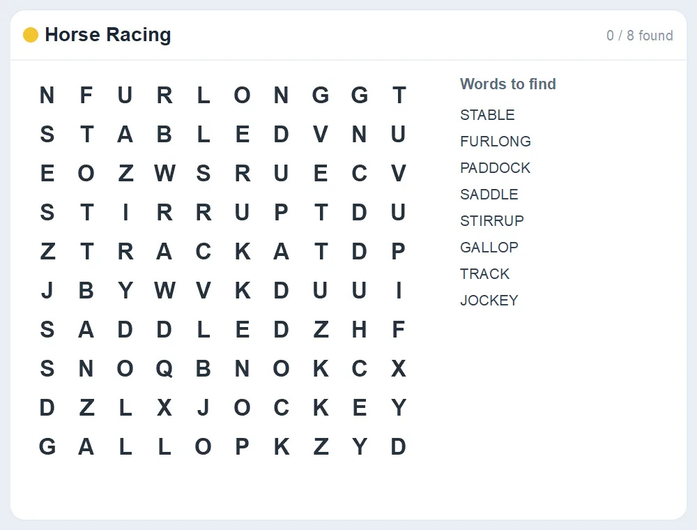 Preview of the Horse Racing word search puzzle