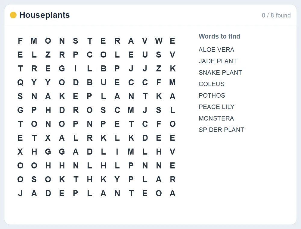 Preview of the Houseplants word search puzzle
