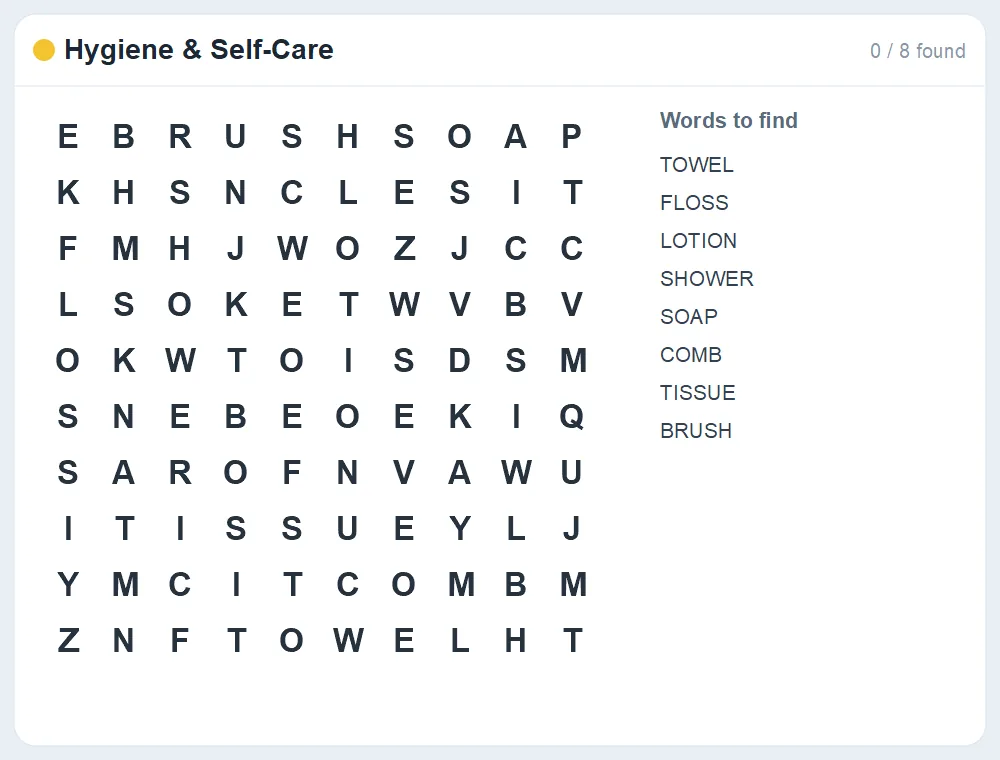 Preview of the Hygiene & Self-Care word search puzzle