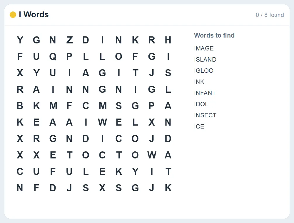 Preview of the I Words word search puzzle