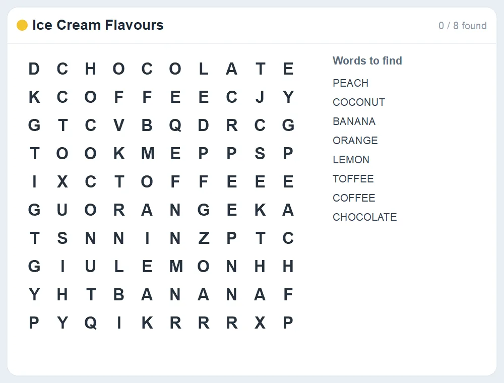 Preview of the Ice Cream Flavours word search puzzle