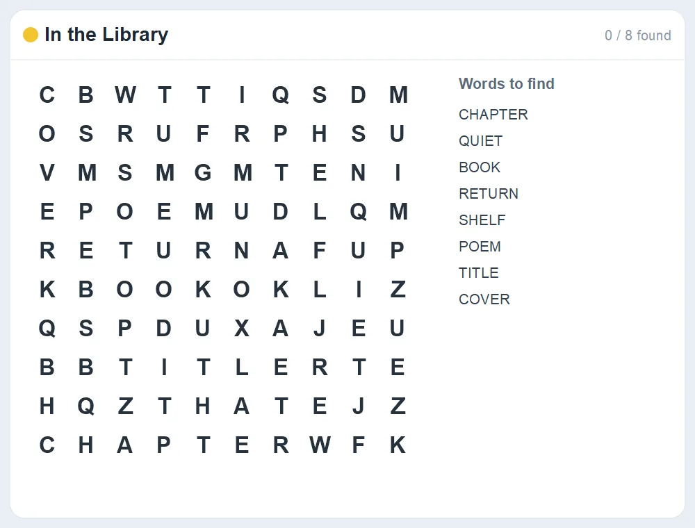 Preview of the In the Library word search puzzle