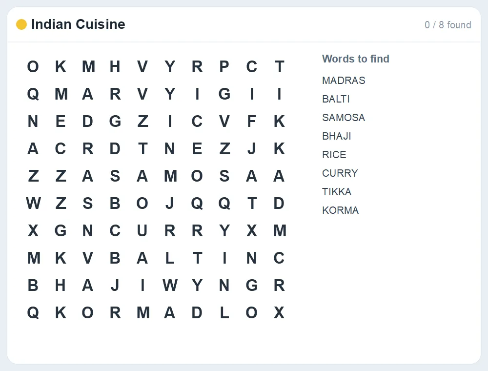 Preview of the Indian Cuisine word search puzzle