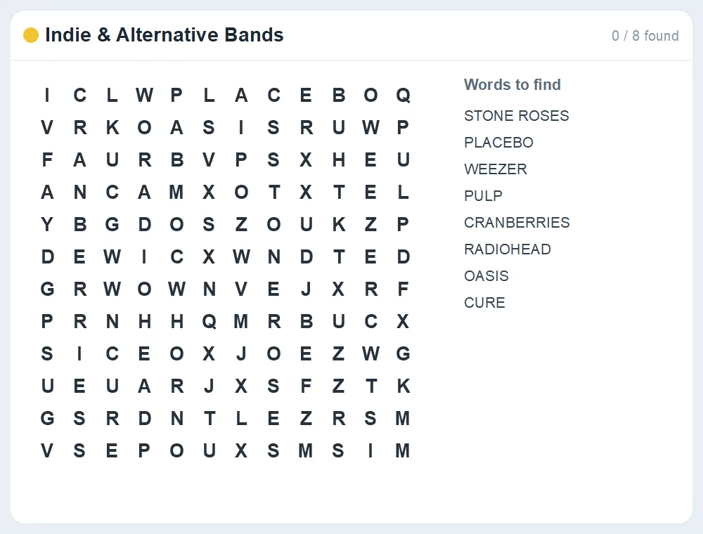 Preview of the Indie & Alternative Bands word search puzzle